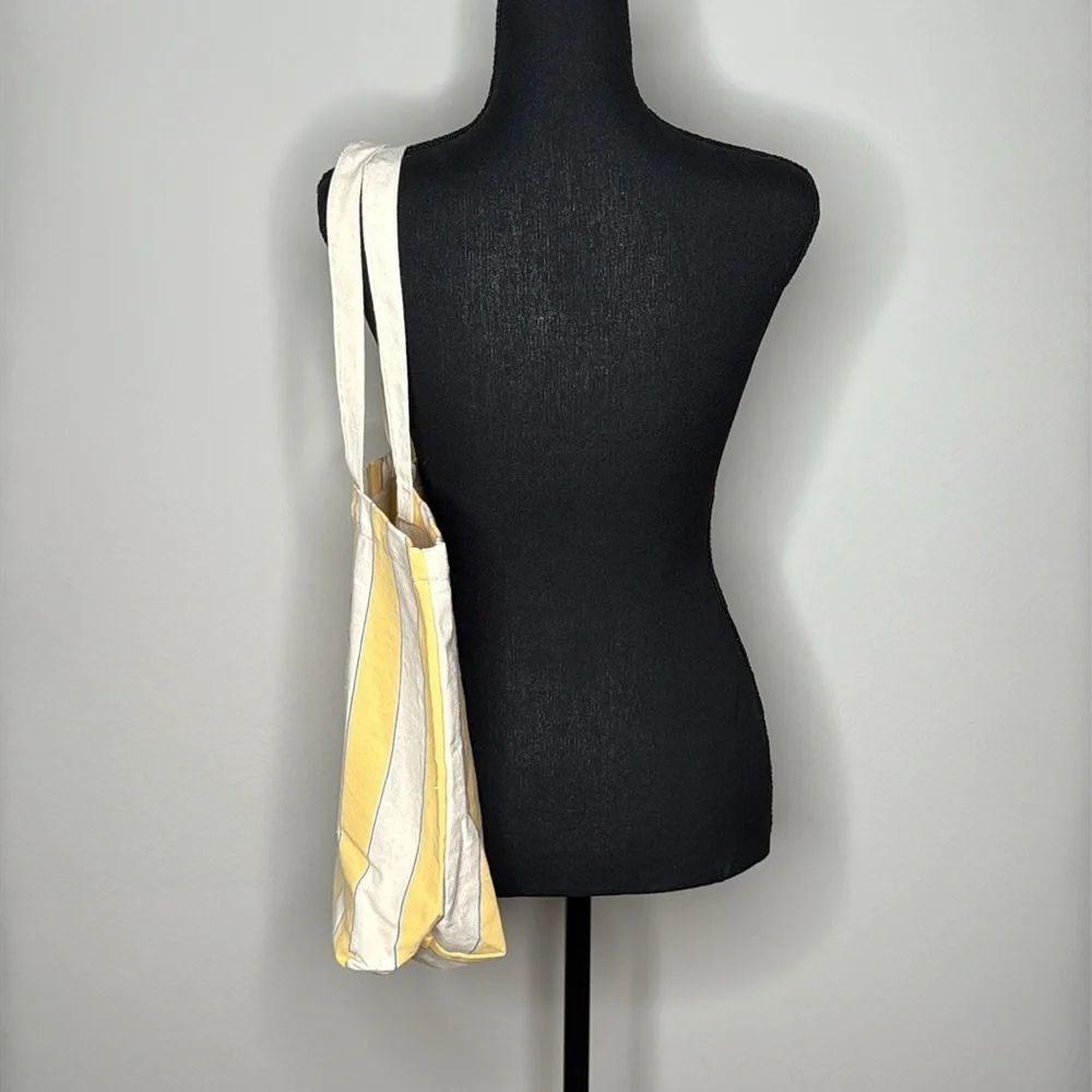 Sezane Bonjour Austin Yellow & Ecru Striped Cotton Tote Bag NEW - Picture 2 of 4